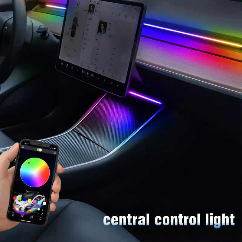 For Tesla Model 3 Y Center Console Dashboard Wireless Charging RGB Neon LED Light Strip Musical Rhythm USB Power APP Control