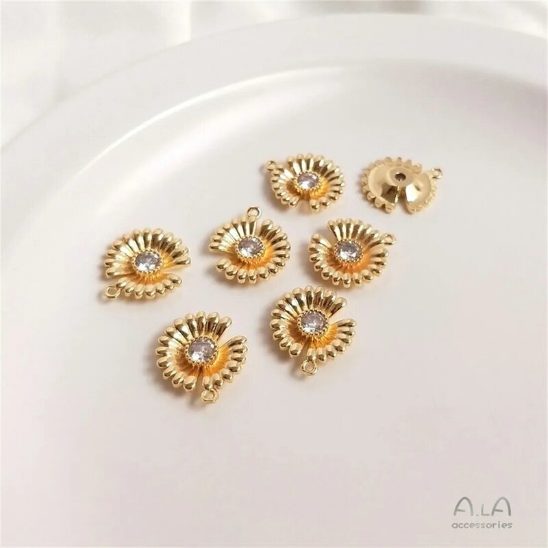 14K Gold Inlaid Zircon Daisy Pendant DIY Bracelet Charm Necklace Double Hole Floret Pendant Accessories E019