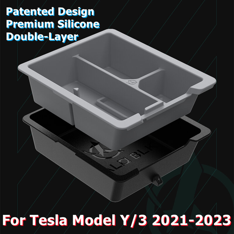 HALOBLK-Organizador de bandeja de console central de camada dupla de silicone para tesla, titular de cupholder, design patenteado, modelo 3, 2023-2021