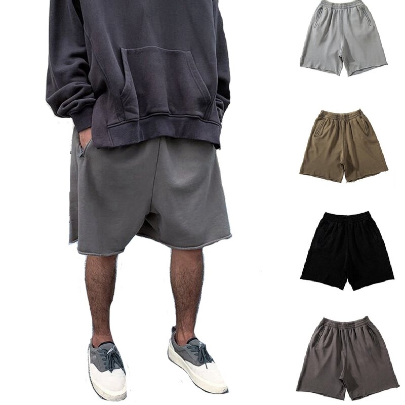 Pantalones cortos de algodón para hombre, pantalón grueso de 380g, para culturismo, gimnasio, Kanye, gris, West, verde, con bolsillos y cremallera