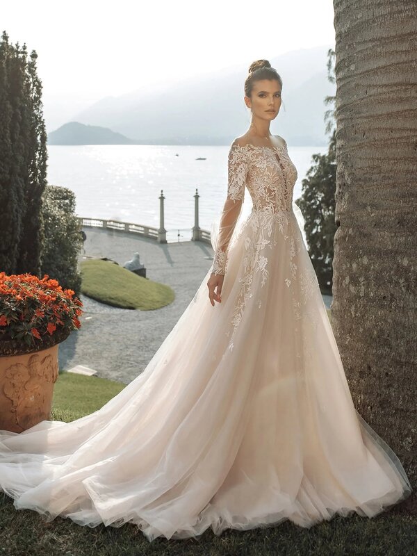 Luksusowe suknie ślubne dla kobiet 2024 suknie ślubne o linii A koronkowe aplikacje pełne rękawy długie do podłogi 2023 Vestidos De Novia