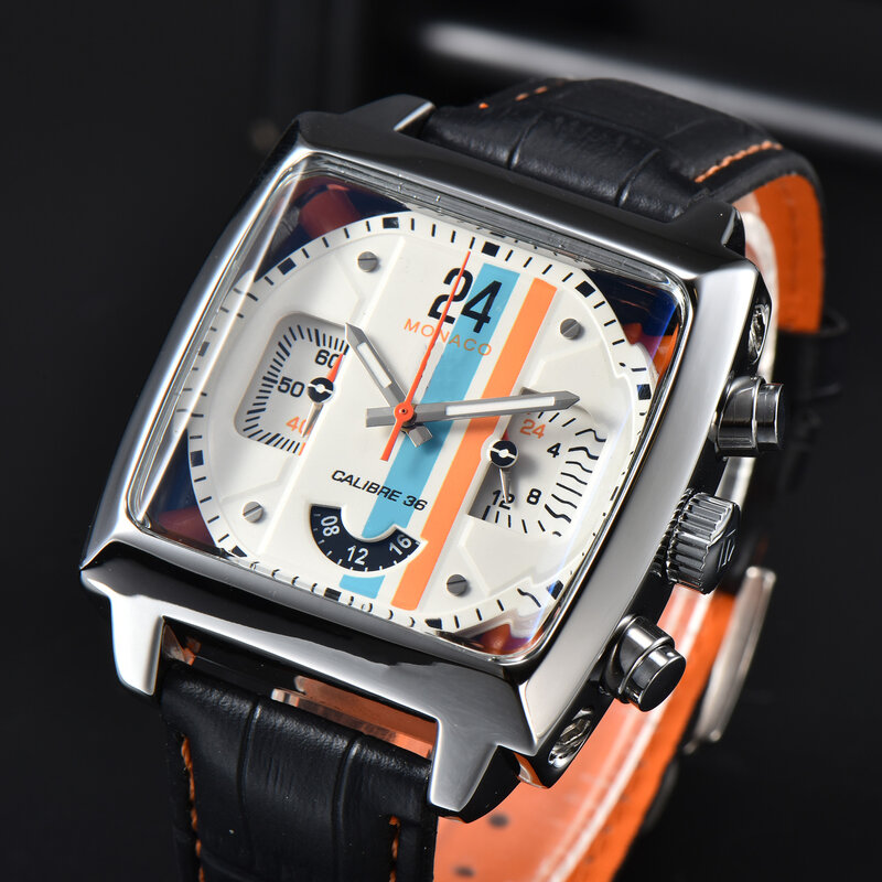 Reloj Mecánico de cuero genuino para hombre, de acero inoxidable, negro, naranja, azul, perspectiva informal, transparente, de cuarzo, nuevo