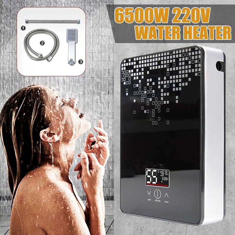 6500W 220V Pemanas Air Listrik Kamar Mandi Shower Rumah Tangga Serba Guna Instan Tanpa Tangki Pemanas Air Panas Tampilan Suhu