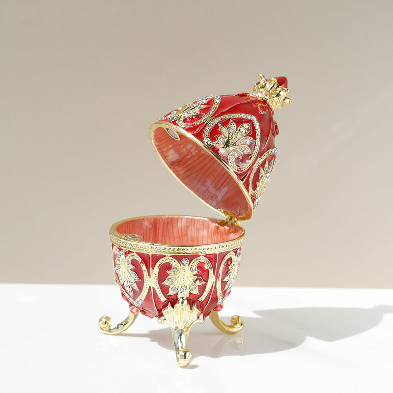 Caja de baratija decorativa de estilo huevo de Faberge rojo esmaltado pintado a mano, regalo único con bisagras para la familia, 1 unidad