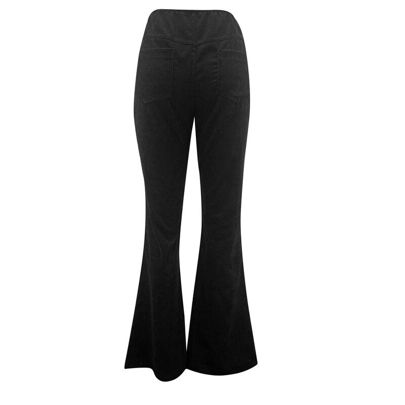 กางเกงลำลองผู้หญิงผ้าลูกฟูกกางเกงเอวสูงกระชับสัดส่วนด้านล่างมีกระเป๋าสีดำ M
