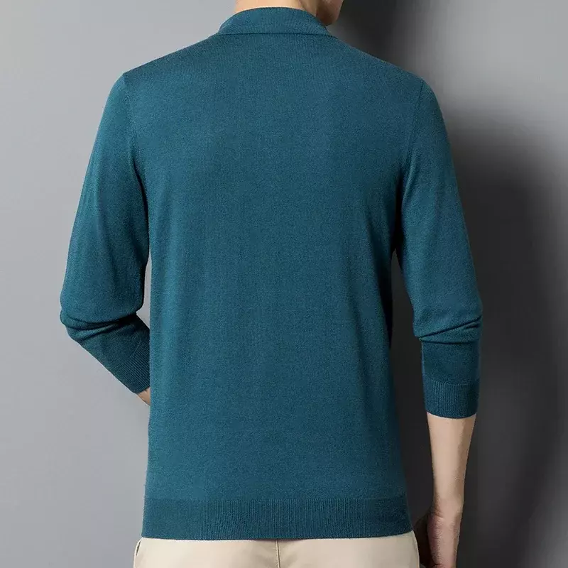 Men's Autumn Long-Sleeved Wool Blend Solid Color Polo Pullover Sweater with Lapel, Casual Bottoming Sweater -Sizes M-4XL