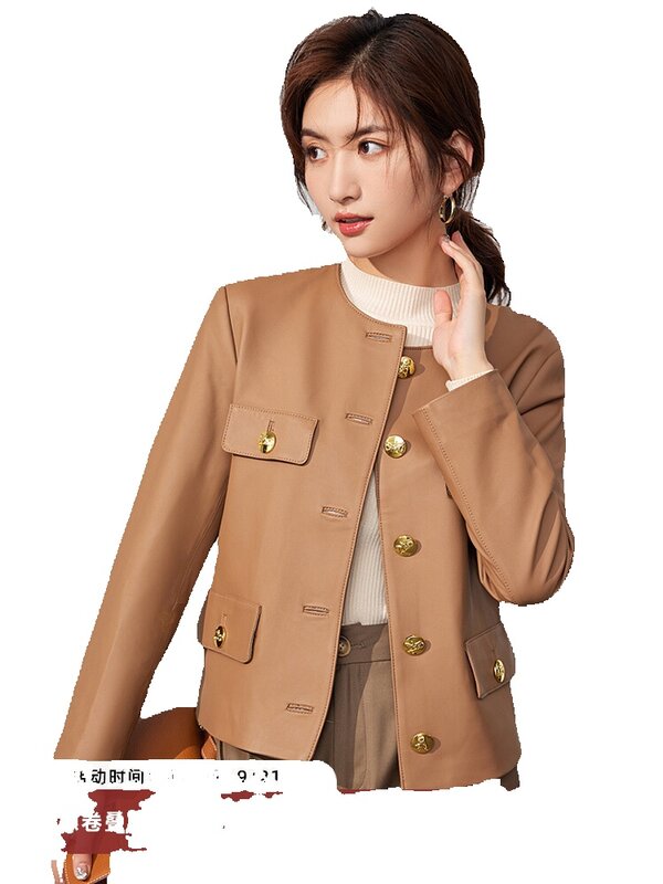 Mulheres gola redonda jaqueta de couro genuíno, jaqueta de pele de carneiro curta, moda exterior, sazonal, nova