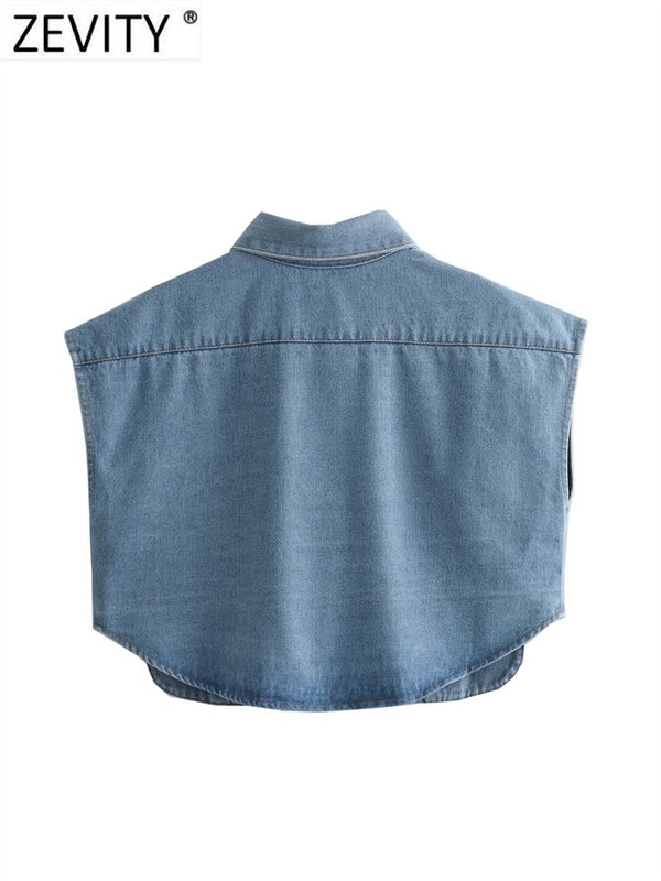 Zevity-المرأة مزدوجة جيب التصحيح قصيرة الدنيم بلوزة ، قميص زر الإناث ، بلون ، شيك قميص المحاصيل القمم ، موضة ، LS5015