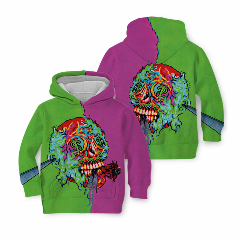 2023 Halloween Costume Colorful Skull Long-sleeved Hoodie Hand-painted Pullover All-over Print Art Bones Hip Hop Kids Clothing