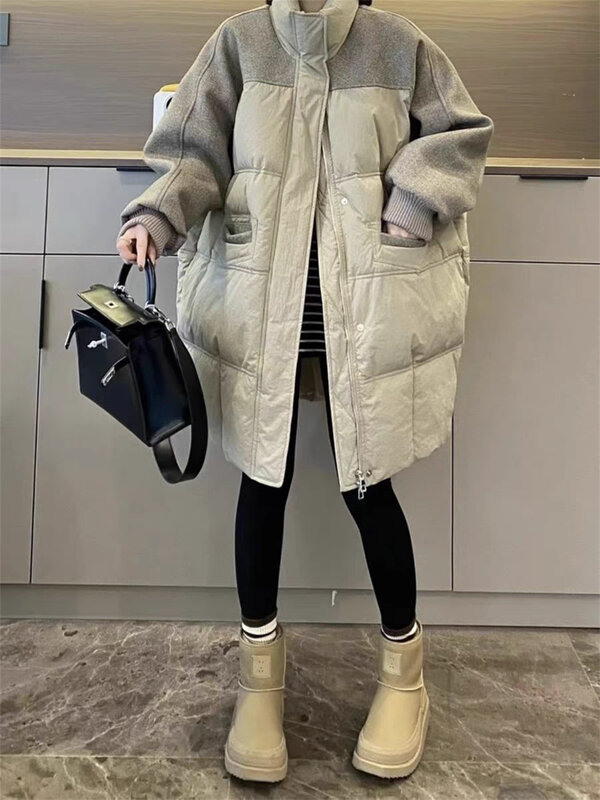 Woolen Fabric Splicing Design, Medium Length Down Jacket, Women's Winter New Loose and Thickened 90 Plush Jacket