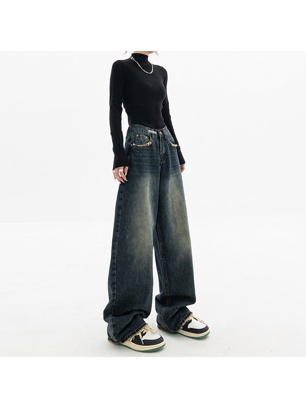 Coreano moda feminina de cintura alta em linha reta streetwear estilo azul calças jeans y2k vintage perna larga feminino calças jeans