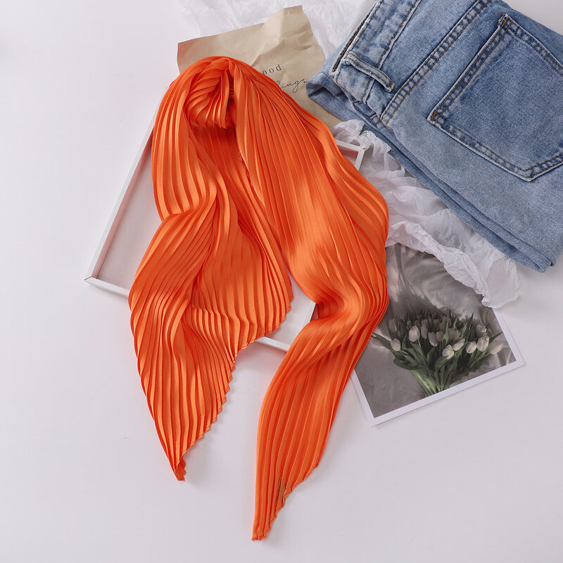 여성용 단색 주름 실크 장식 스카프, 넥타이 헤어 및 손목 스카프, 새틴 네커치프, 밝은 색상, 사각형 머리 스카프, 70cm