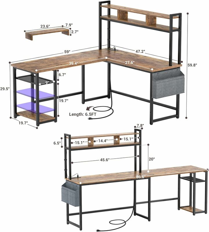 Стол Aheaplus L-образный с выходом питания и светодиодной лентой, двусторонний L-образный угловой компьютерный стол, игровой стол с полкой для хранения и