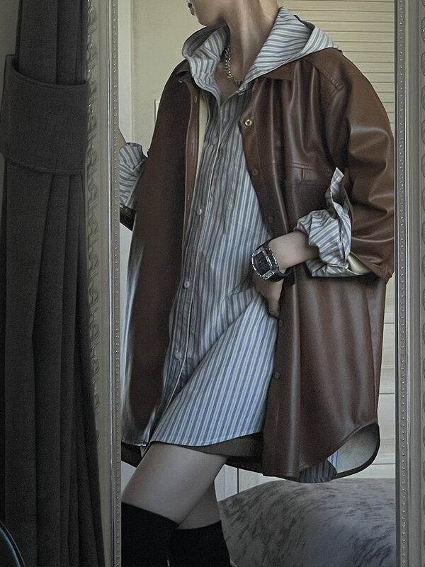 Куртка женская оверсайз с длинным рукавом, кожаная повседневная верхняя одежда на пуговицах, в винтажном стиле, Осень-зима