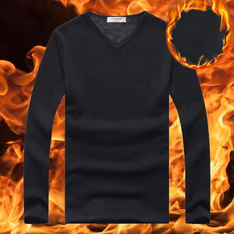 Camiseta térmica de invierno para hombre, ropa interior cálida con cuello en V, ajustada de lana, jersey de manga larga, Tops