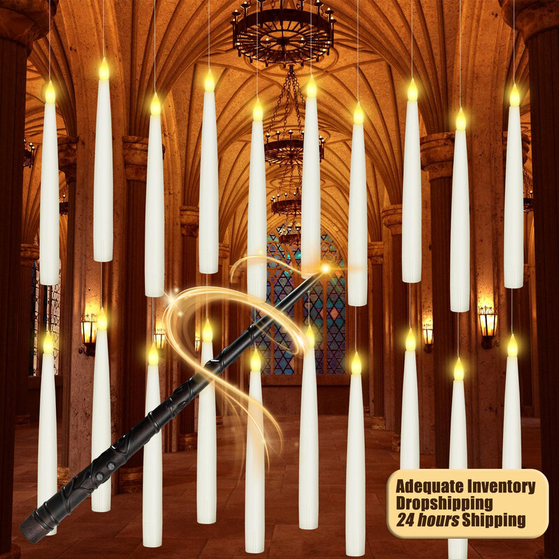 10-200Pcs Floating Candles with Magic Wand Flickering Warm Light LED Flameless Candle Taper Candles for Christmas/Wedding/Party