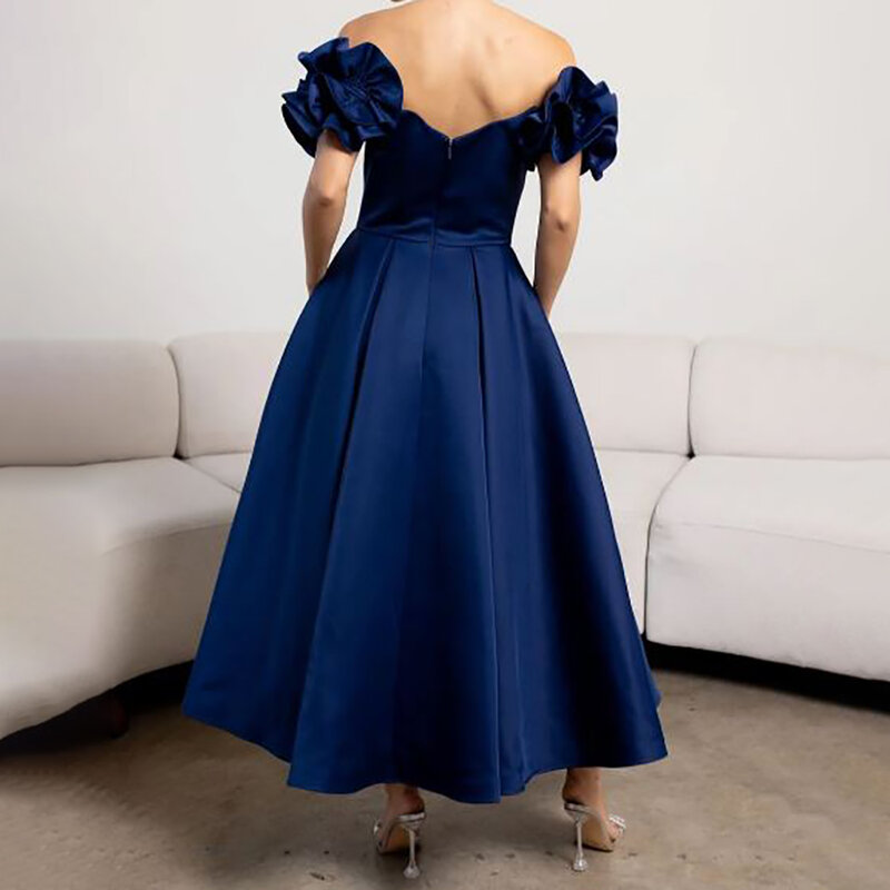 A-Line Satin Evening Gown Off-Shoulder Sweetheart Short Ruffle Sleeves Pleat Ankle Length Vestido de Noche para Mujeres