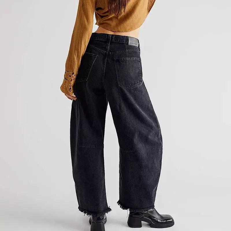 กางเกงขากว้างสำหรับผู้หญิงกางเกงยีนส์ขาบานสีทึบใหม่มีกระเป๋าติดกระดุมแฟชั่นกางเกง YDL15เดรสเปิดไหล่ข้างเดียว