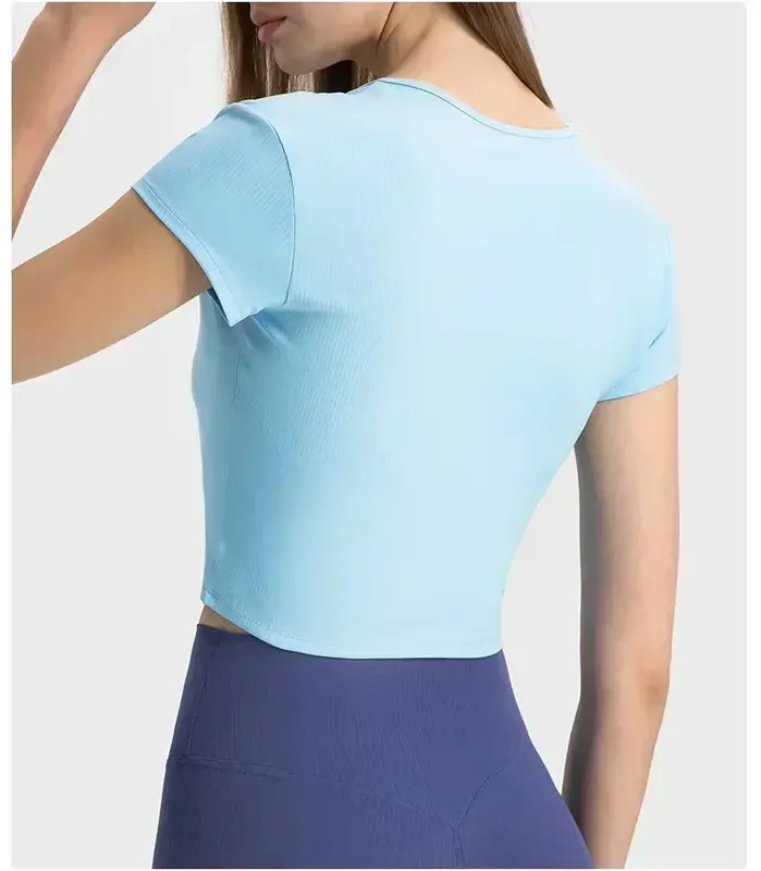 Lemon-Camiseta deportiva de manga corta para mujer, ropa de gimnasio, Yoga, ropa deportiva para exteriores, Top de cintura fina con cuello en V de tela acanalada