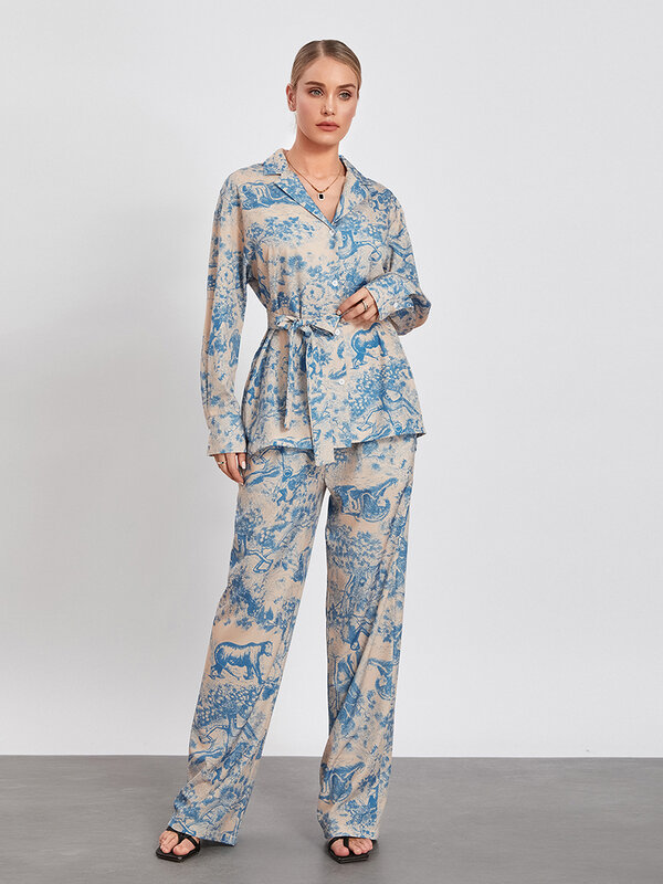 Conjunto de pijama con estampado Floral para mujer, camisa de manga larga con botones y pantalones, ropa de dormir suave, 2 piezas