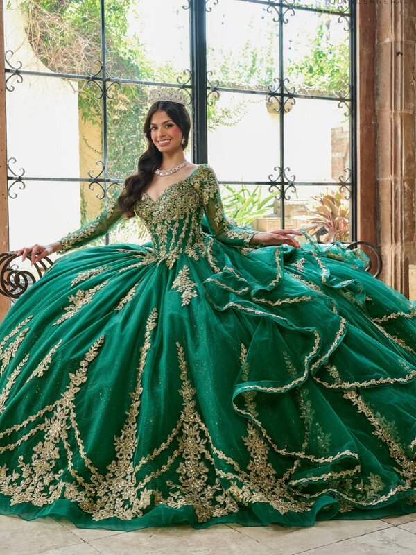 Блестящие Блестки Золотая аппликация Quinceanrra Выпускные платья Съемный рукав принцесса длинное роскошное зеленое милое платье 16 Vestidos
