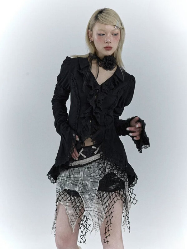 HOUZHOU Lolita Vintage Gothic Lace Shirts Women Y2k Dark Aesthetic Irregular Blouses Yamamoto Style Grunge Flare Sleeve Shirt