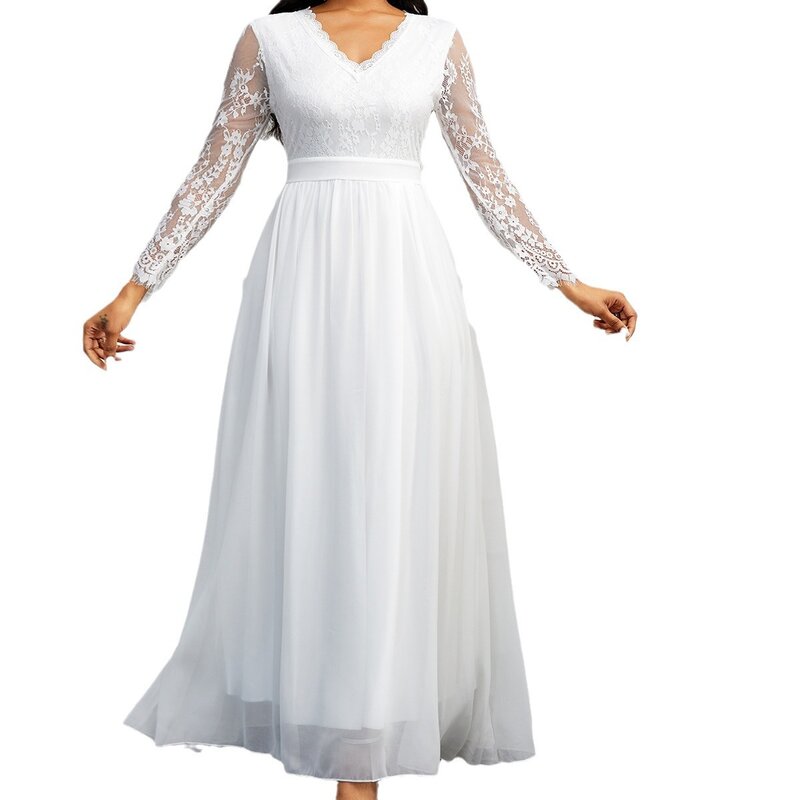 Biała koronkowa suknia ślubna Slim Fit z dekoltem w szpic