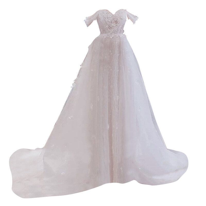 Gaun pengantin Applique pengantin putih gaun pernikahan Tulle garis A panjang gaun pesta Prom bahu terbuka gaun pesta Formal seksi