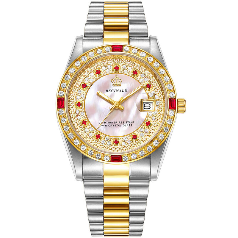 REGINALD-남자 럭셔리 비즈니스 손목 시계, 전체 다이아몬드 316L 스테인레스 스틸 자동 날짜 쿼츠 시계