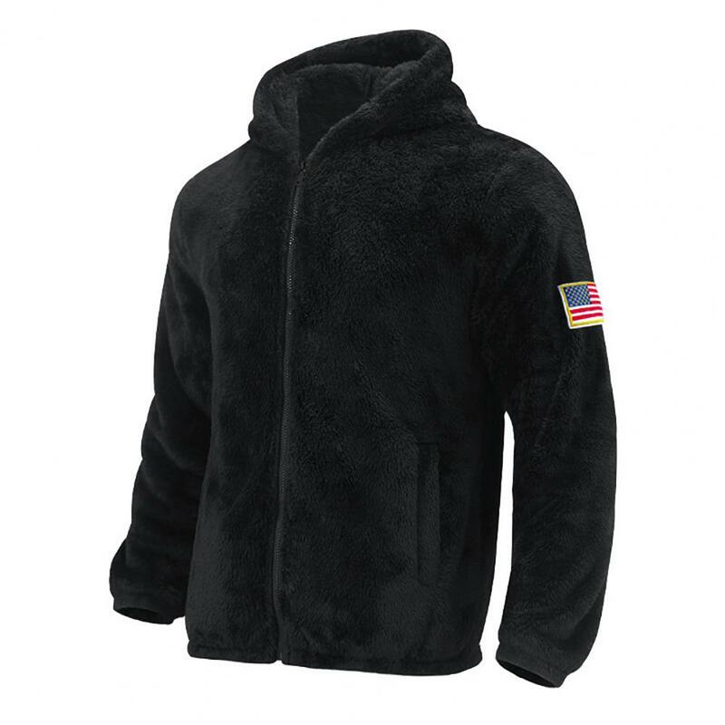 Men Winter Coat Stylish Men's Winter Jacket Plush Hooded Cardigan with Zipper Closure Windproof Design Badge Decor Mid for Fall
