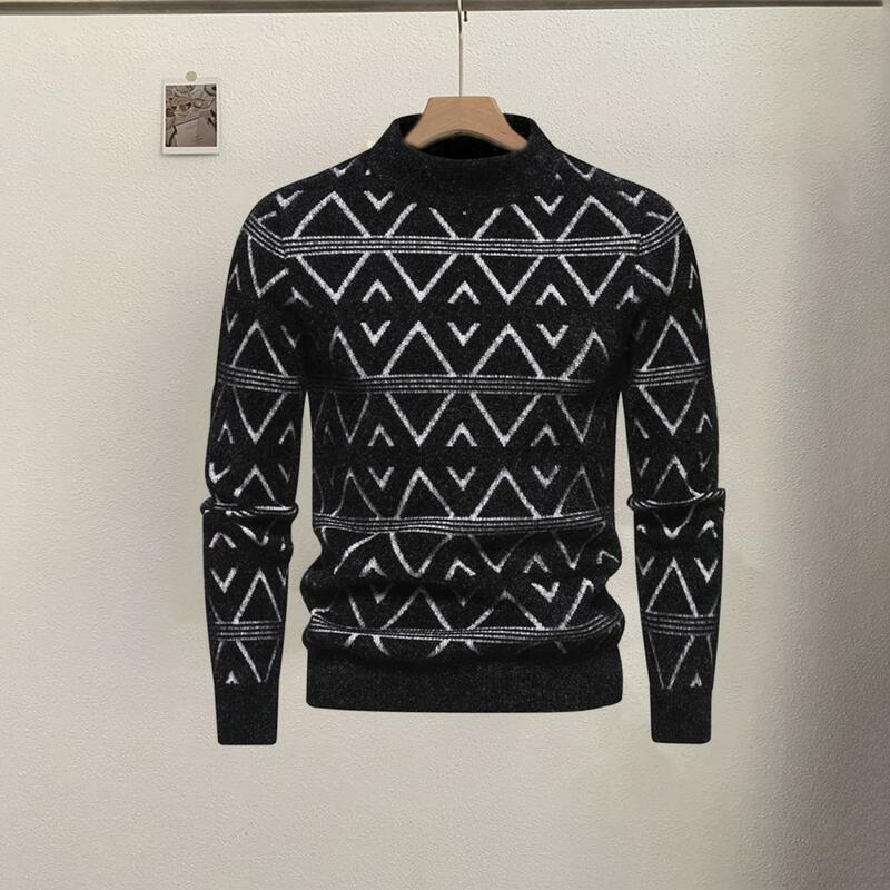 남성용 기하학적 패턴 스웨터, 기하학적 패턴 니트 스웨터, 부드럽고 따뜻한 O-넥 풀오버, 가을 겨울 패션