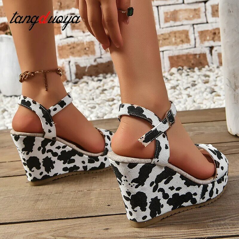 Summer Women's Printing High Heels Hollow Out Sandals Platform Buckle Wedges Open Toe Ladies Shoes Size 36-43 sandalias mujer