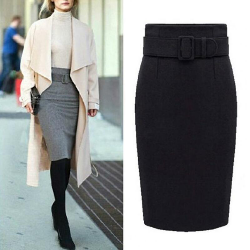 High-waist Skirt Elegant High Waist Women's Fall Winter Midi Skirt Slim Fit Solid Color Sheath Knee Length Warm Thick Soft Lady