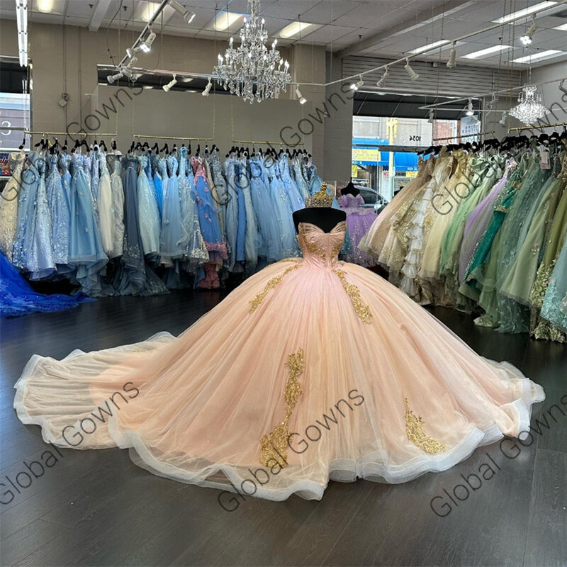 Mexico Pink Strapless Ball Gown Quinceanera Dresses For Girls Beaded Appliques Birthday Party Gowns Lace Up Back Graduation