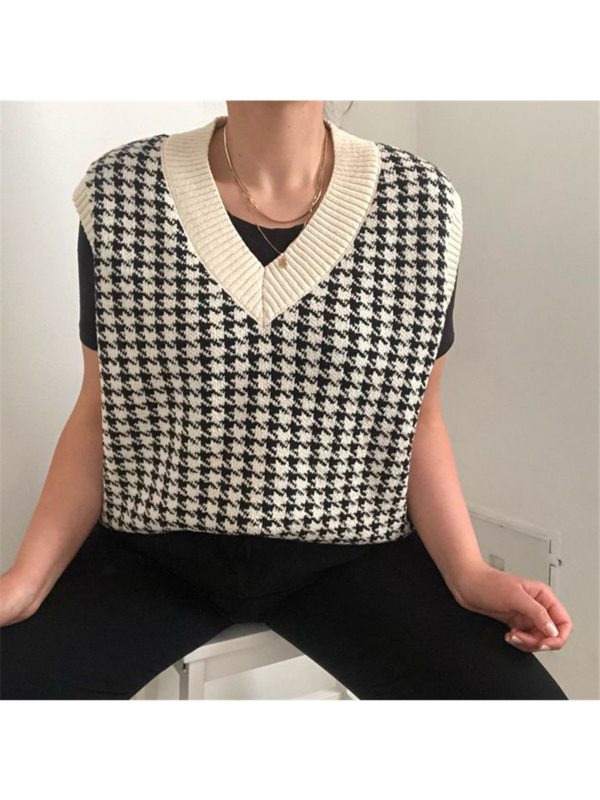 Gilet tricoté à carreaux pour femme, haut sans manches, pied-de-poule ample, Vintage, à la mode, automne