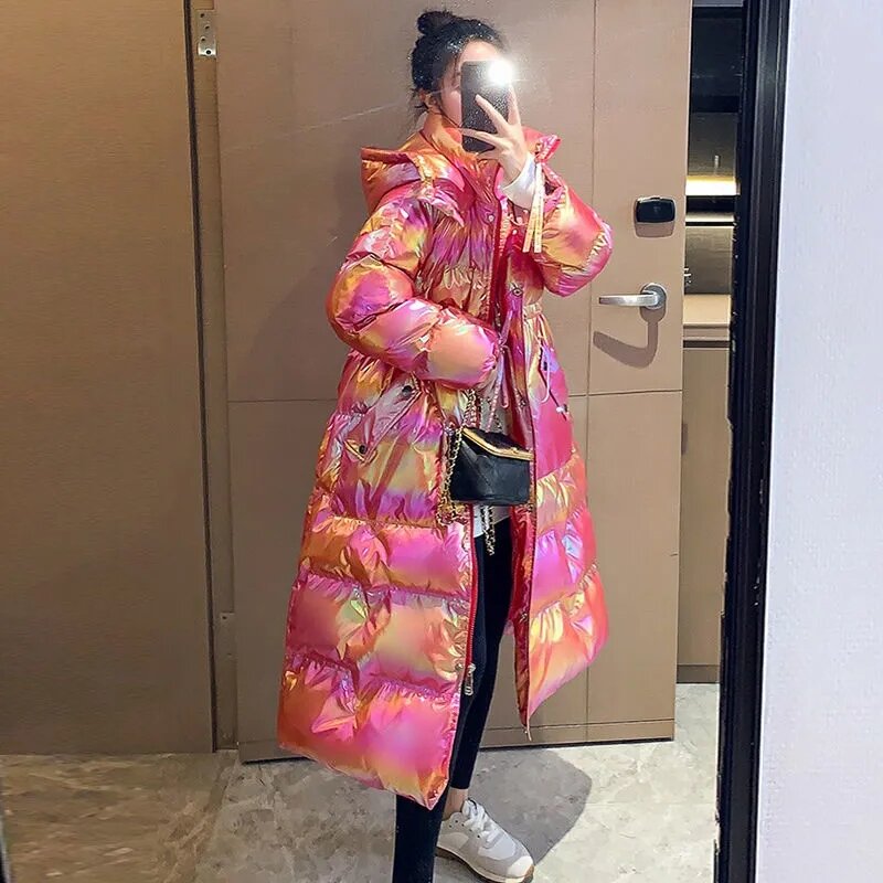 Cotton Jacket Womens 2022 Autumn Winter New Bright Colorful Wash-free Down Cotton Coat Women Hooded Long Over Knee Thick Parkas