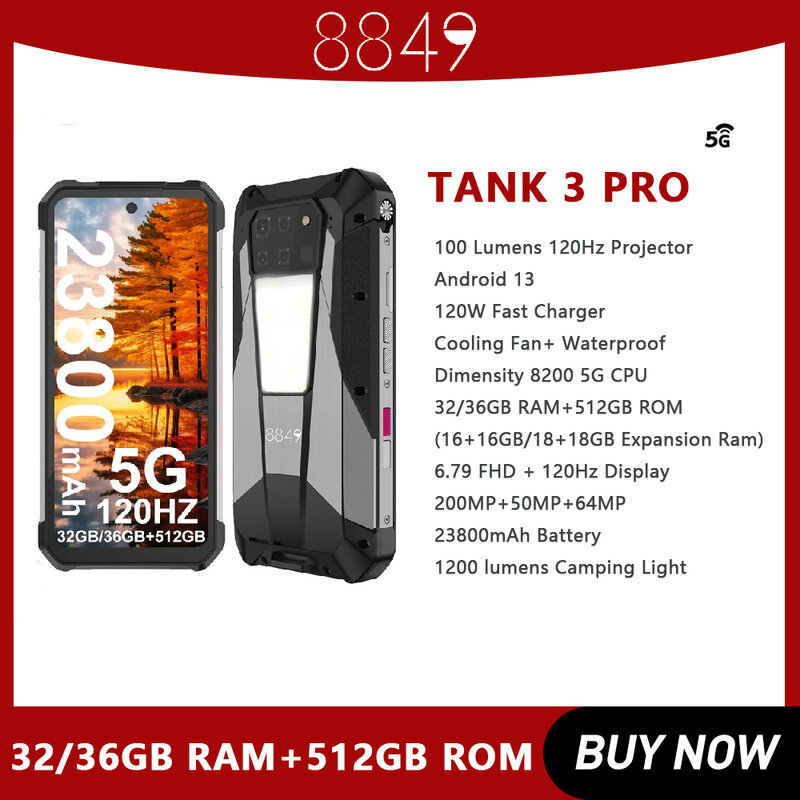 8849 Tank 3 Pro Rugged Smartphone 5G with 100 Lumens Projector 32/36GB 512GB 23800mAh Waterproof 200MP Cell Phones