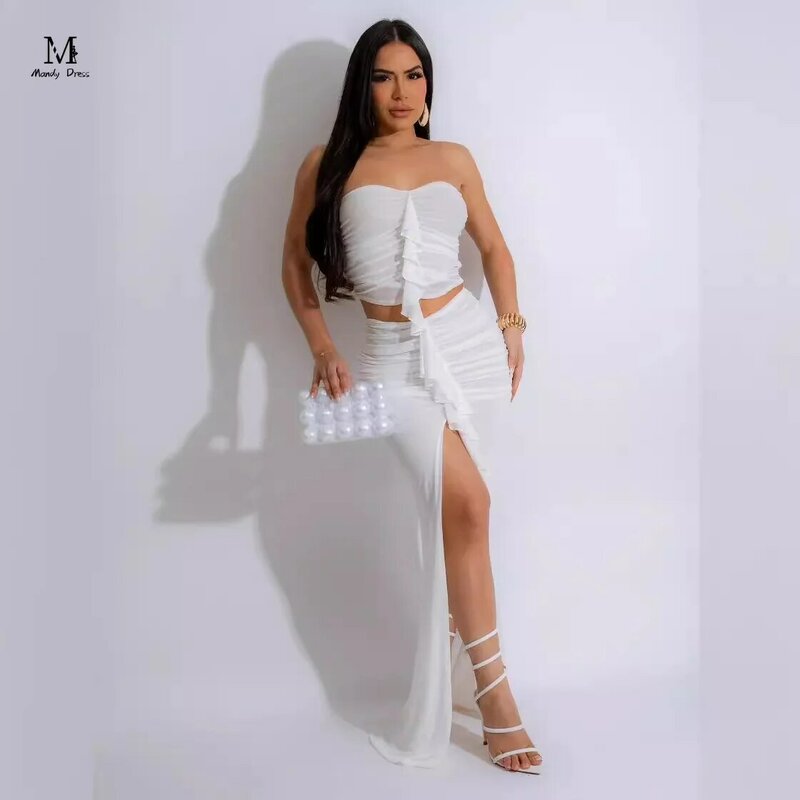 Sexy Mesh Women 2 Piece Matching Set Sleeveless Tube Tops Split Skirt Summer Club Party Fashion Two Piece Outfits 2024