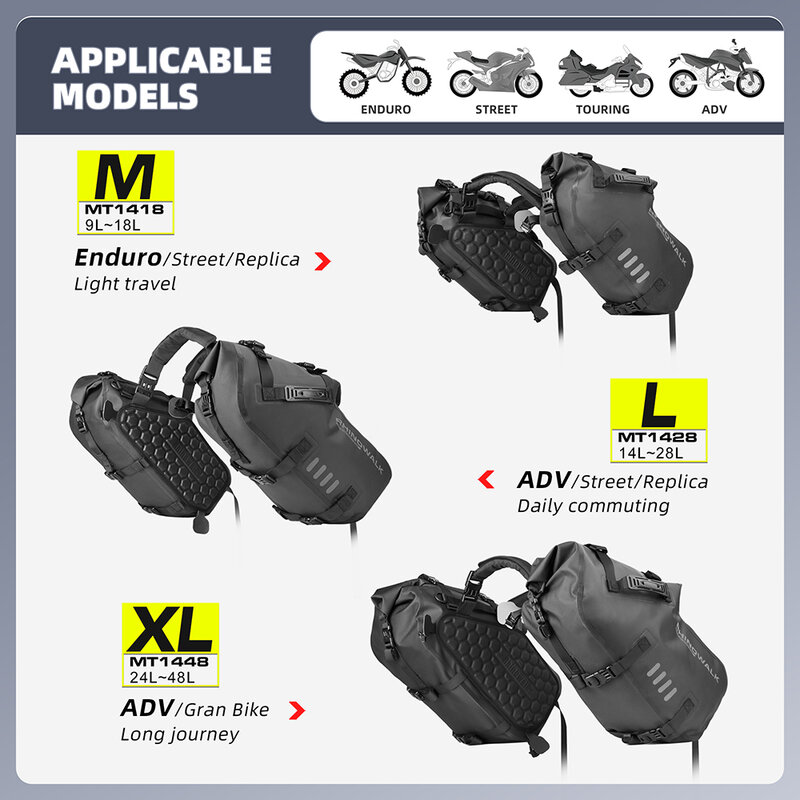 ラインストーン付きバイクバッグ2個,防水バイクバッグ100% 18l/28l/48l,ユニバーサルフィット,サドルバッグ,サイド収納荷物