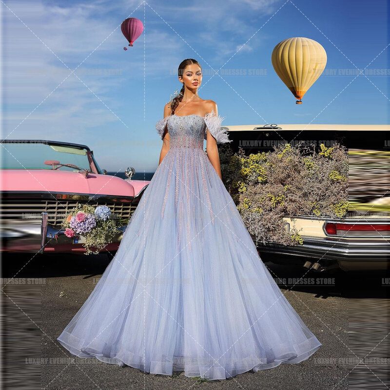 Vintage Elegant Evening Dresses For Woman Feathers Off The Shoulder Sequined Formal Princess Party Prom Gowns Vestidos De Fiesta