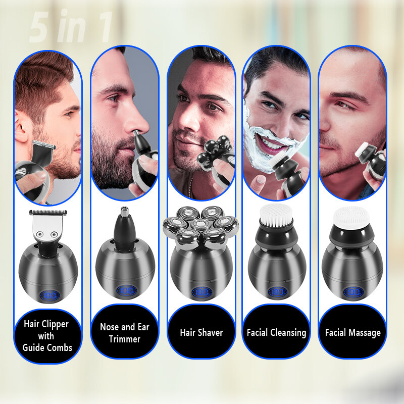 Rasoir électrique 5 en 1 pour hommes chauves, coupe flottante 7D, tondeuse à barbe, tondeuse IP68, rasage étanche, chargement USB sans fil