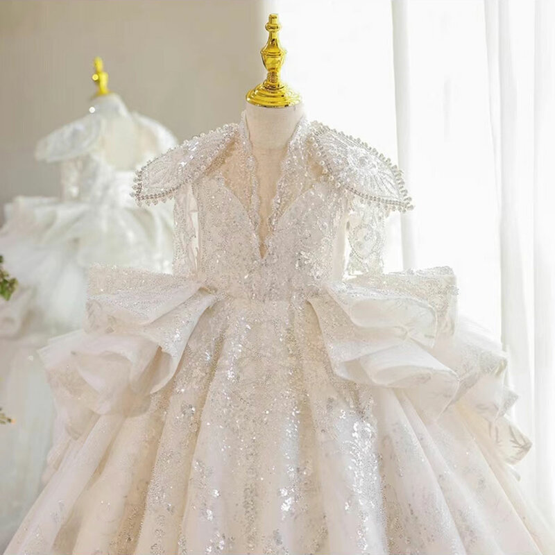 Jill Wish Luxury White Girl Dress Beaded paillettes Dubai Kids Princess Birthday Wedding Party prima comunione abito lungo 2024 J213