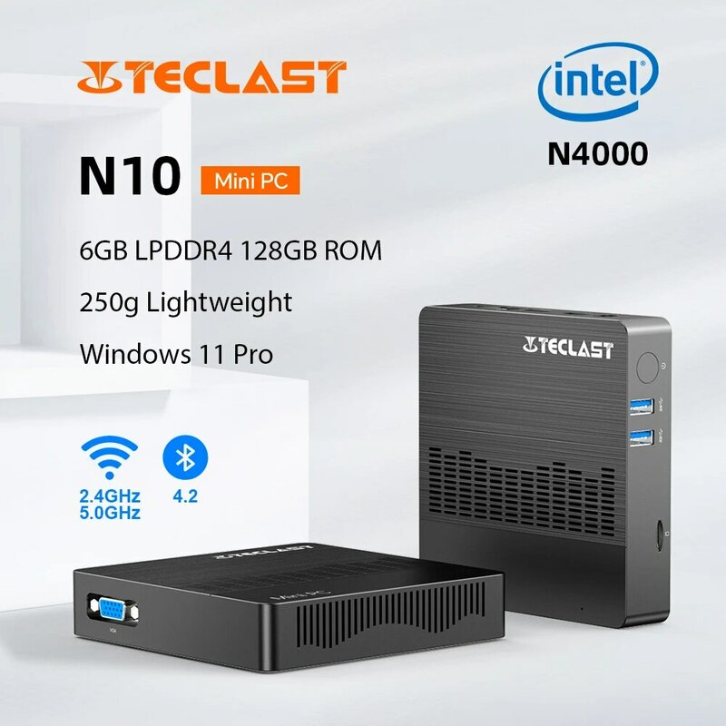 Teclast N10 미니 PC, 인텔 N4000, 6GB LPDDR4, 128GB ROM, M.2 SSD 확장, 윈도우 11 프로 휴대용 데스크탑 미니 컴퓨터, VGA BT4.2