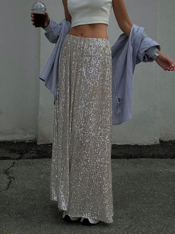 Suninbox-Saia feminina elegante de lantejoulas de seda, cintura baixa, saias longas, streetwear, moda clássica, roupas femininas, 2023
