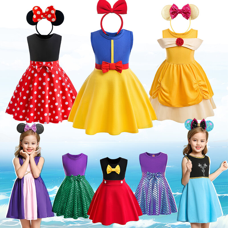 Disney-Vestido de princesa sem mangas para meninas, sereia Ariel, Rapunzel, Minnie Mouse, roupas infantis casuais, verão