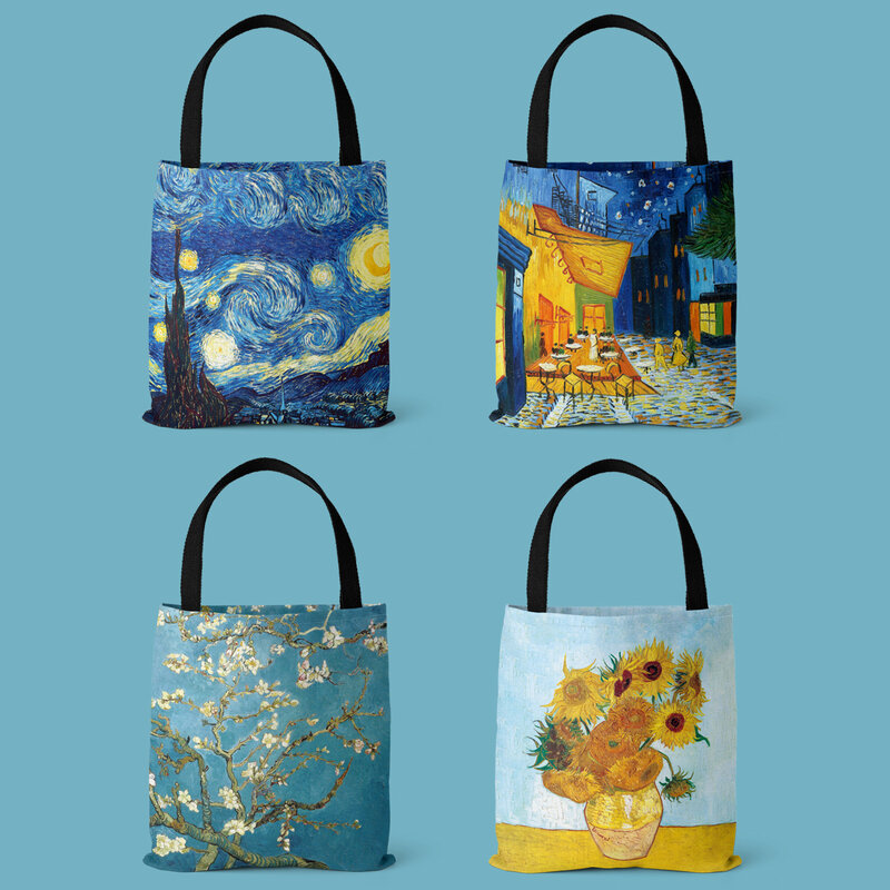 Bolso de mano reutilizable para mujer, bolsa de hombro con diseño de pintura al óleo de Van Gogh, para compras de comestibles, personalizable