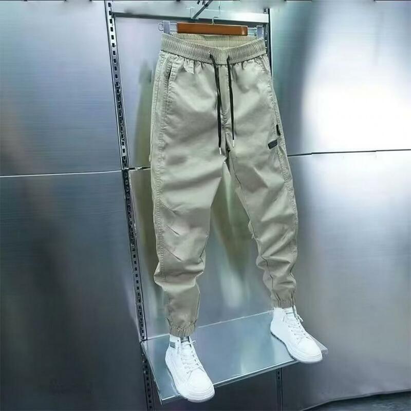 Drawstring Pants Slim Fit Men's Harem Pants with Elastic Waist Pockets Breathable Streetwear Trousers for Outdoor Activities