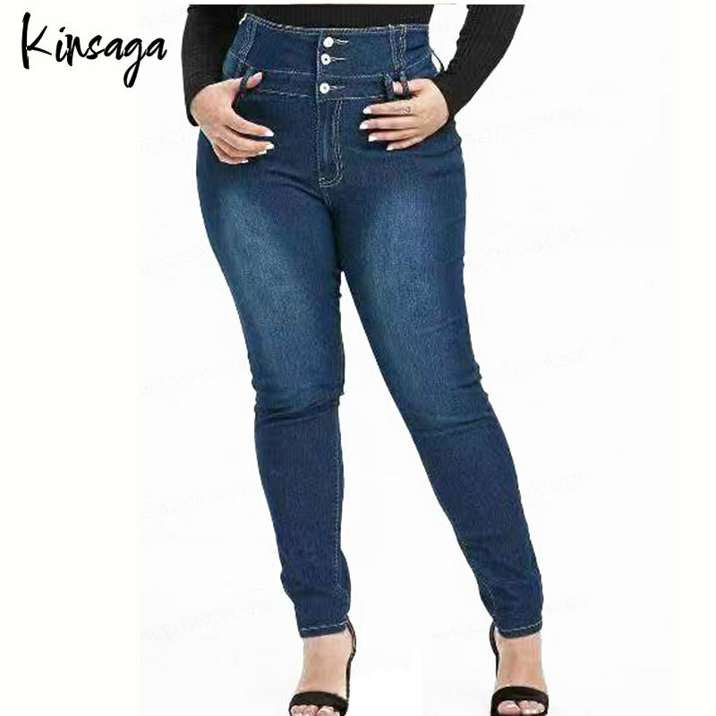 Jeans Pensil Panjang Bodycon Hitam Berkancing Ukuran Plus 4XL 5XL Celana Denim Skinny Melar Pinggang Tinggi Musim Semi Wanita Celana Panjang Kasual
