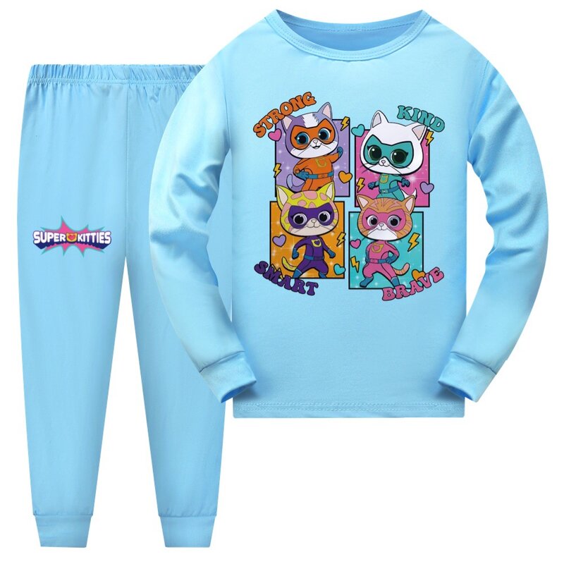 Костюм Superkitty детский с длинным рукавом, пижама для маленьких девочек, футболка с супер кошками и штаны, комплект из 2 предметов, одежда для сна для мальчиков ясельного возраста