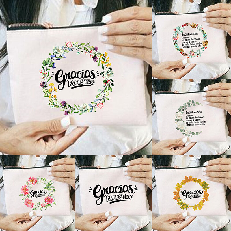Espanhol Print Cosmetic Bags Maquiagem Feminina Case Presentes do professor Lady Wash Storage Pouch Travel Toiletry Organizer School Pencil Bag
